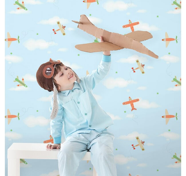 papel pintado infantil niño aviones